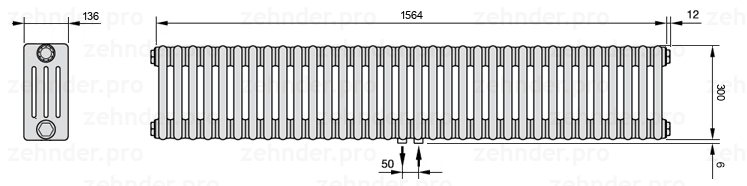 Схема (чертеж) Радиатор Zehnder Charleston 4030/34 №5410 Белый глянцевый RAL 9016